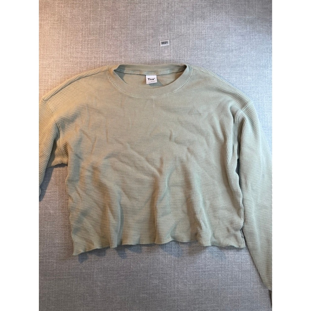Tna Aritzia Sage Green Waffle Knit Thermal Long Sleeve Top Small Raw Hem